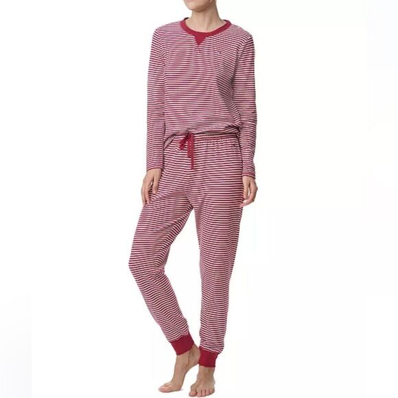 Tommy Hilfiger XL Deep Red White Stripes Thermal Crew Top & Jogger PJ Gift Set - Picture 3 of 9